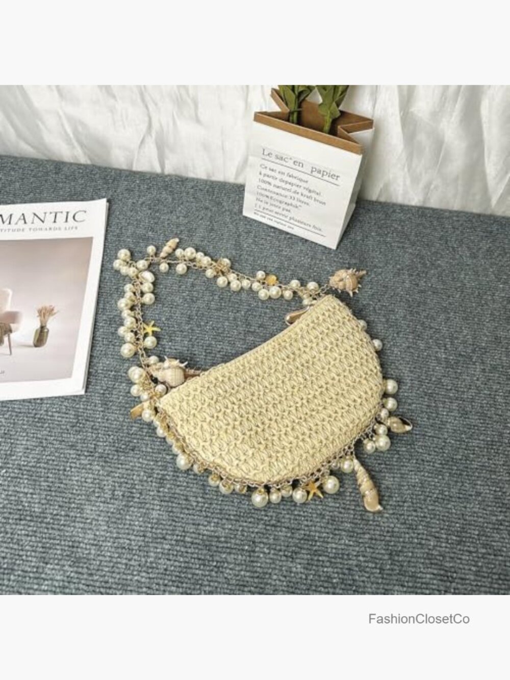 Woven Straw Shoulder Bag with Pearl Chain, Handmade Beach Messenger Bag for - Picture 6 of 7